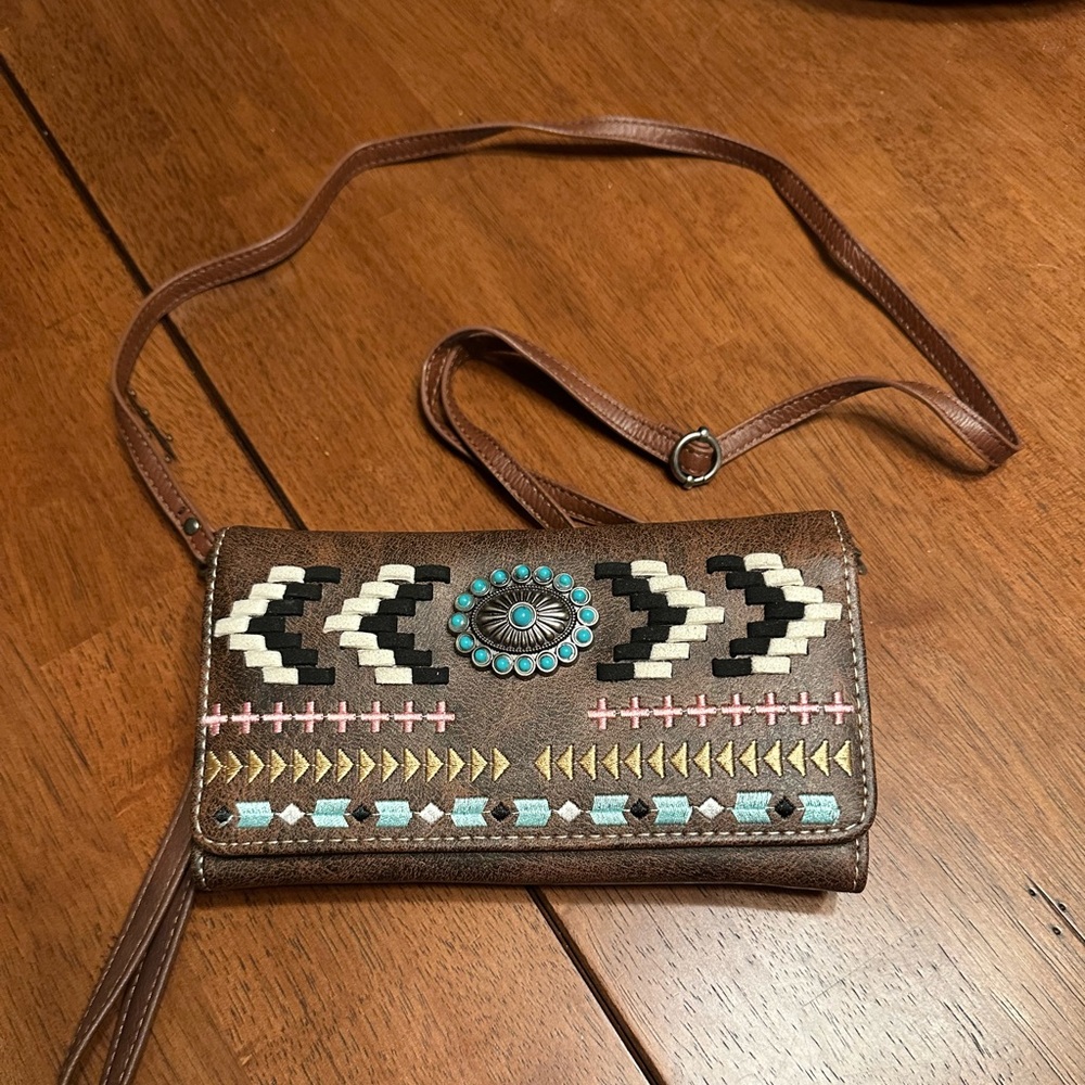 Embroidered Brown Western Wallet with Strap